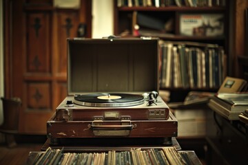 A vintage suitcase containing a record player with vinyl records inside