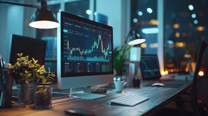 laptop computer with online business graph chart on screen in business office.