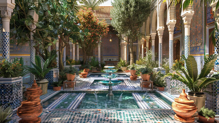 Islamic garden: A garden decorated with fountains, pools - obrazy, fototapety, plakaty