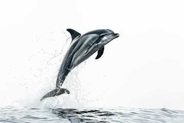 KS Dolphin jumping out of the water against a white backg .
