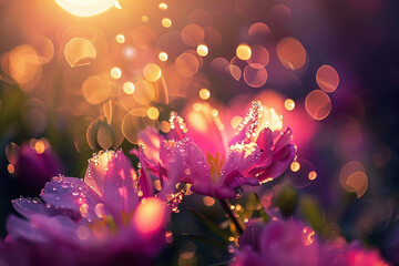 Sunset Glow on Dew-Kissed Flowers with Dreamy Bokeh - obrazy, fototapety, plakaty