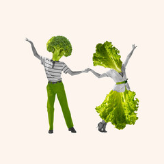 Monochrome image of man and woman with lettuce heads dancing isolated on white background. Contemporary art collage. Concept of healthy and active lifestyle, organic food, nutrition, dieting - obrazy, fototapety, plakaty