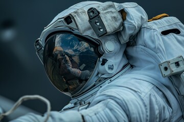 Astronaut in space suit with clear visor reflection, showcasing the exploration of space.