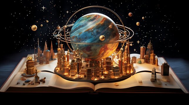 The Book of the Universe is an open magic book with planets and galaxies. Space. Fantasy. Magic world. World Book Day. Cosmonautics Deno