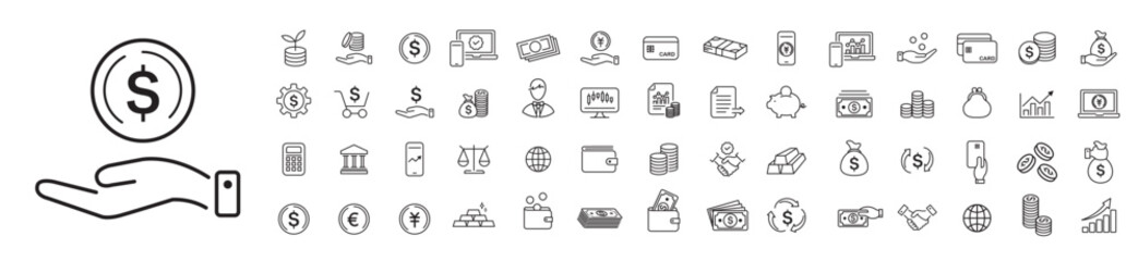 Finance icon set. cash earning money fund loan financial goal saving payments bank, cryptocurrency check wallet profit budget mutual revenue icons. Editable stroke line liner icons collection vector. - obrazy, fototapety, plakaty