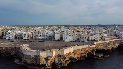 Beautiful view of Polignano a Mare from the coast of the Adriatic sea, Italy