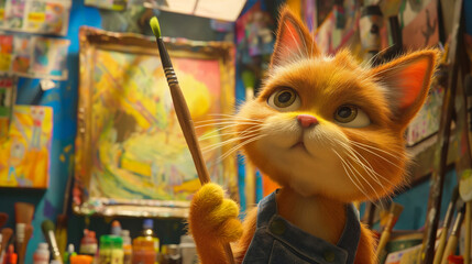 Close-up of an anthropomorphic orange cat in a painter's studio, holding a brush with a focused expression
