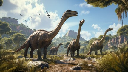 A group of dinosaurs are walking through a lush green forest
