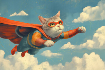 Whimsical illustration of a brave cat dressed as a superhero flying against a cloudy blue sky - obrazy, fototapety, plakaty