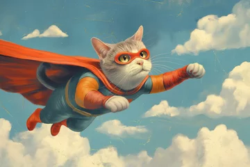Tuinposter Whimsical illustration of a brave cat dressed as a superhero flying against a cloudy blue sky © Татьяна Евдокимова