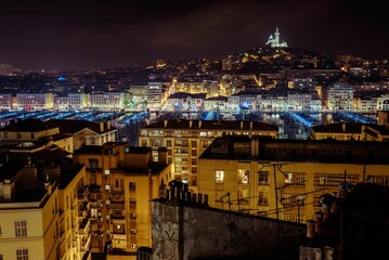 High angle night shot of Marseille buildings, France