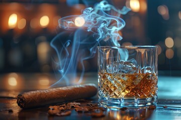 A glass of whiskey stands on the table, a cigar smokes nearby. Luxurious life.