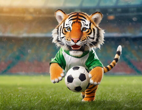 Portrait of a tiger in a green t-shirt playing football in stadium