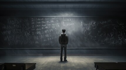 Teacher contemplating equations on a full chalkboard - 774094203