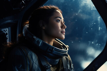 Female astronaut gazing into cosmos from space shuttle window