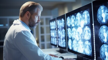 Medical professional in lab coat reviewing brain MRI scans - 774094218