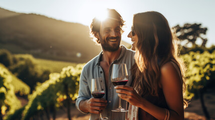 Happy couple enjoying wine in sunny vineyard - 774094246