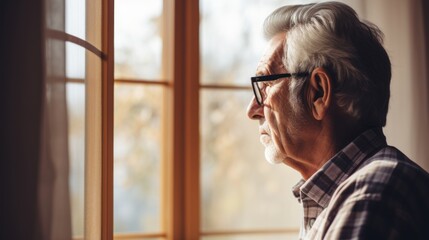 Aged man with glasses facing a bright window - 774094260