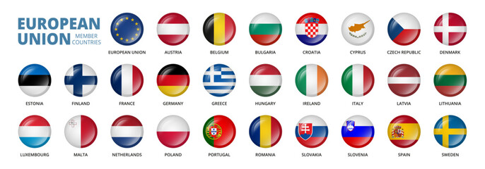 European Union countries flags. Round button badge. Vector and PNG on transparent background.