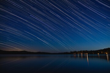 Star trails at Lake of Two River, Algonquin, Ontario Canada