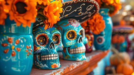Day of the Dead sugar skulls with traditional Mexican hat and colorful flowers