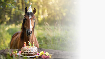 A horse wearing a birthday hat in front of a birthday cake isolated on the nature