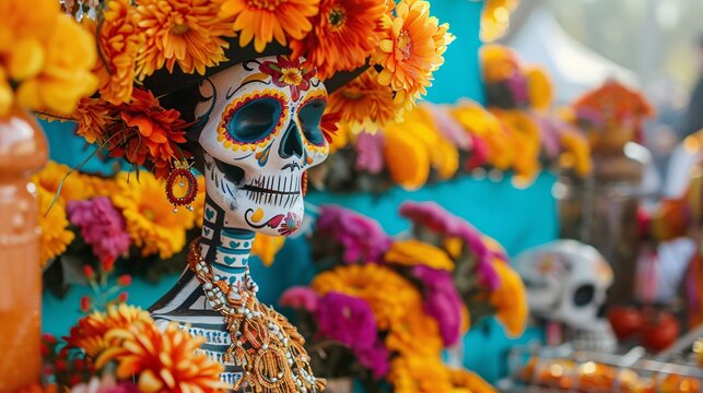 Day of the Dead sugar skulls with traditional Mexican hat and colorful flowers