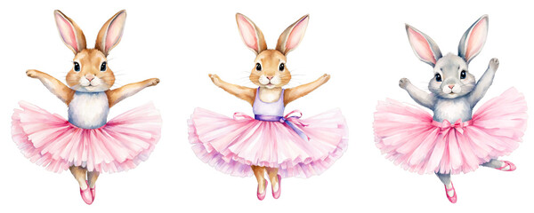 3 bunnies, rabbit wearing tutu and ballet slippers, dancing, watercolor illustration, cute humanoid rabbit, for scrapbook, junk journals, blogging sited, projects, ad promos, hobby, pet, dancer lover - obrazy, fototapety, plakaty