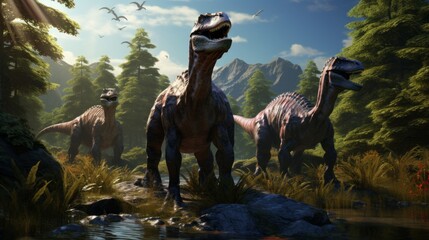 Three dinosaurs are standing in a forest, with one of them having its mouth open - obrazy, fototapety, plakaty