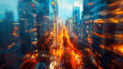A high-energy view of fast-moving traffic in a bustling metropolis, with streaking lights and towering skyscrapers.