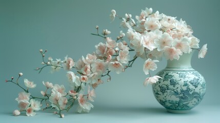 Delicate cherry blossoms in a traditional blue and white porcelain vase with a soft blue background