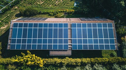 Solar panels on the roof of a house in the countryside, aerial view