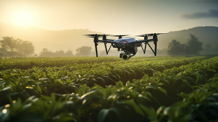 Agricultural drones flying on field.Smart farm drone flying modern technology in agriculture.Industrial drone over field and sprays useful pesticides to increase productivity destroys harmful insects - obrazy, fototapety, plakaty