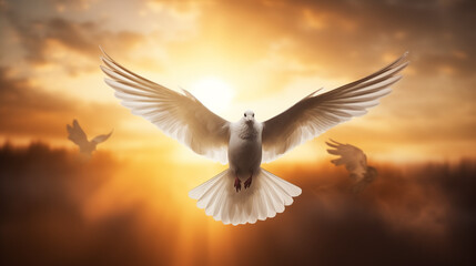Doves fly in the sky. Christians have faith in Holy Spirit. Silhouette worship to god with love Faith, Spirit and jesus christ. Christian praying for peace. International peace day. - obrazy, fototapety, plakaty
