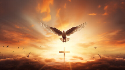 Doves fly in the sky. Christians have faith in Holy Spirit. Silhouette worship to god with love...