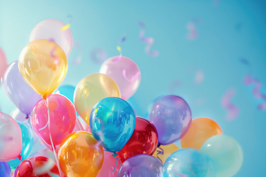 Celebration. Colorful balloons. Confetti, lights and bokeh. Background image. Created with Generative AI technology.