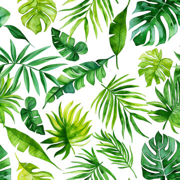 Watercolor painting of Seamless Exotic Background with Tropical leaf isolated on transparent background.