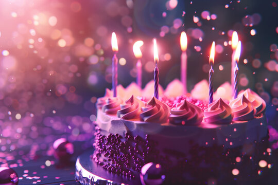 Celebration. birthday cake with candles. Confetti. Background image. Created with Generative AI technology.