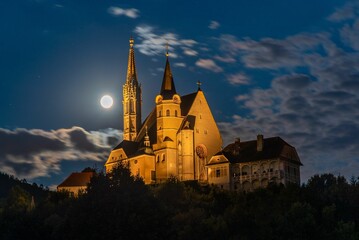 Mysterious Pilgrimage church of Maria of Strassengel in the moonlight
