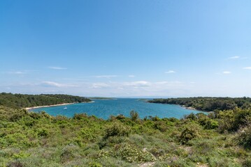 Beautiful green forested coast in Kamenjak on a sunny day