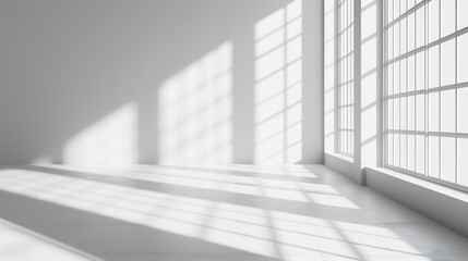 Mock-up of white empty room. Blurred abstract white studio background for product presentation. Empty room with shadows of window. Perspective of minimal interior design, Ai generated