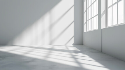 Obraz premium Mock-up of white empty room. Blurred abstract white studio background for product presentation. Empty room with shadows of window. Perspective of minimal interior design, Ai generated