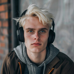  trendy 25-year old white American wearing black headphone