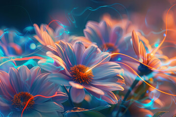 Beautiful flowers with glowing energy flowing through them