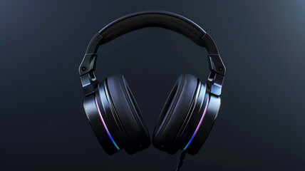 Fototapeta na wymiar Black headphones in a dark background. A close-up view of a modern headset. Concept of music and entertainment. Generative AI