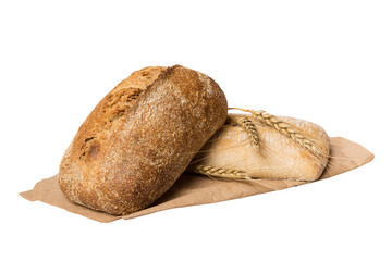 Homemade natural breads. Different kinds of fresh bread isolated on white background, perspective view with copy space