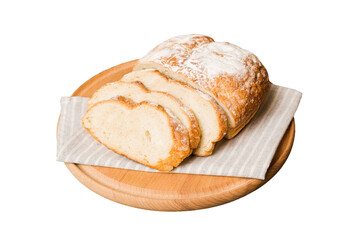 Assortment of freshly sliced baked bread with napkin isolated on white background. Healthy unleavened bread. French bread slice