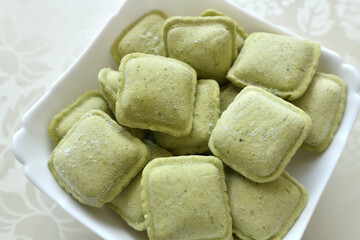 Frozen ravioli with a cheese and spinach