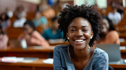 Portrait of an black afro american happy university student sitting in a college lecture hall - Powered by Adobe