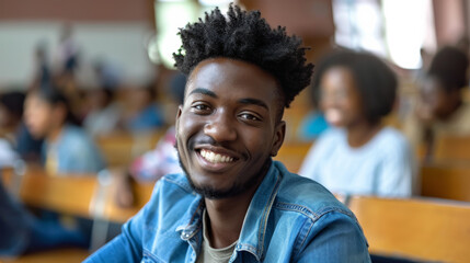 Portrait of an black afro american happy university student sitting in a college lecture hall - obrazy, fototapety, plakaty